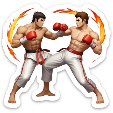 An icon showing two fighters in an intense battle, inspired by Tekken. The design features dynamic poses, with powerful punches and kicks, and a vibrant action-packed background. Health bars are visible at the bottom, showing each player’s status. Transparent background. sticker