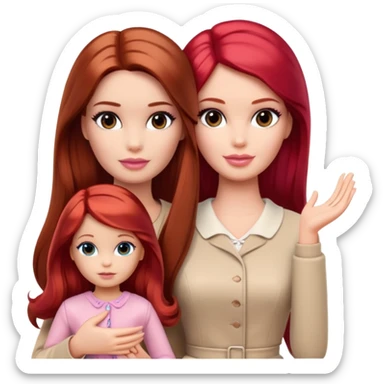 A barbie girl with makeup with dark brown hair long with a baby, a daughter, a girl with red hair, holding her hand in beige clothes sticker