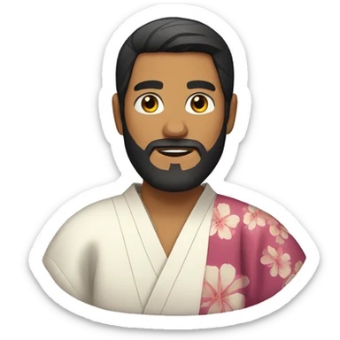 bearded Latino man with dark hair wearing a kimono sticker