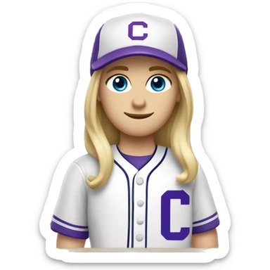 baseball card character. Blonde long straight hair. blue eyes.  letter C logo. Purple and white uniform.  sticker