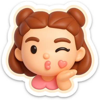 Create a vinyl figure style sticker of the girl from the reference image, blowing a kiss and winking, playful and sweet. sticker