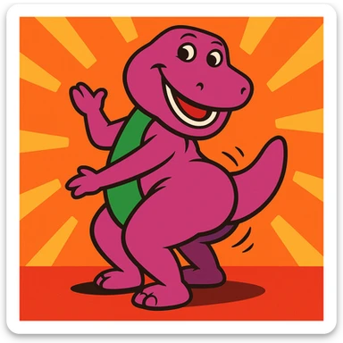 Barney the Dinosaur twerking, playful, vibrant colors, cartoon style sticker