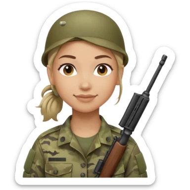 Apple emoji look — female soldier, no cap/helmet, bust, neutral smile, generic camo shirt, hair tied back, soft gradients, no weapon sticker