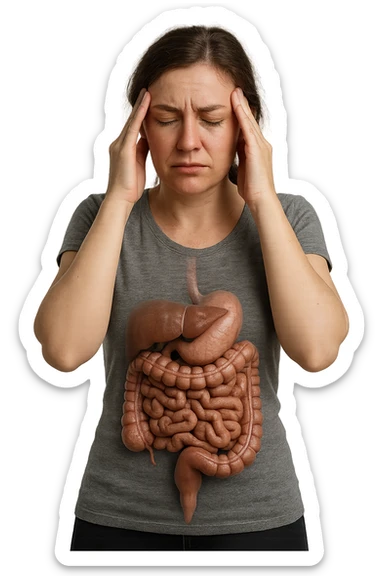 donna con intestino umano realisticoù che si tiene le mani sulle tempie, espressione stanca, iperrealistica 4k sticker