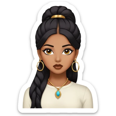 indian girl, brown skin, long black voluminous hair, brown underneath colored hair, baddie,pretty, makeup, lipliner, black eyeliner, gold hoop earrings, white top sticker