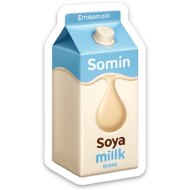 soy milk carton or bottle, white or beige, minimal modern design, neutral cap or spout, small soy bean or leaf illustration, no branding or text, smooth creamy liquid, no glass, cereal, background, or faces, clean 3D, soft shadows, transparent background, emoji scale sticker