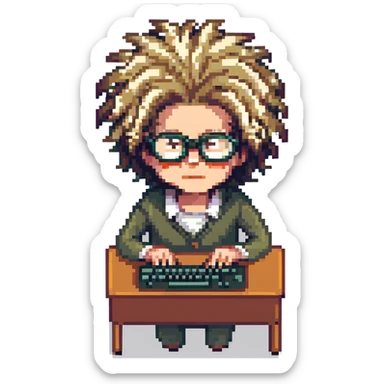 crazy programmer, wild hair, glasses, typing frantically, pixel art style sticker