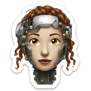 metal female cyborg head with brown curly hair and circuitry sticker