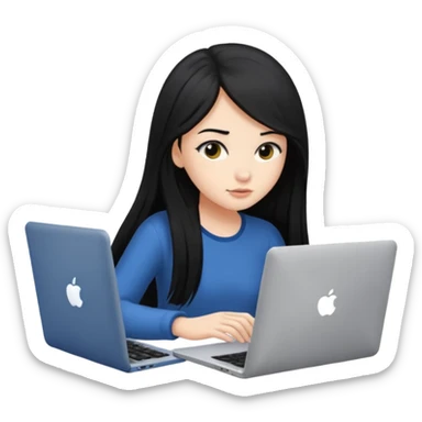 girl with long black hair focused on laptop sticker