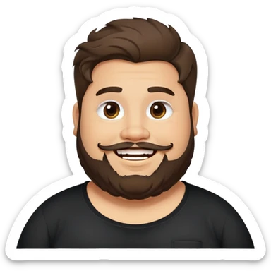 Joven obese, barba, long hair pelo largo, pelo largo, cuerpo grande, latino piel canela, cara redonda-ancha, scruff sin barba completa, cejas gruesas, pelo oscuro ondulado flat largo hasta el cuello. Sonrisa amplia, expresión alegre. Camisa negra. Size large.  sticker