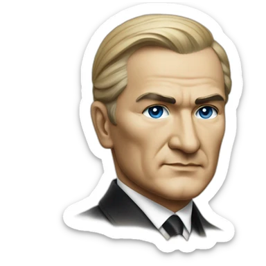 a portrait of mustafa kemal ataturk with blonde hair and blue eyes looking at turkey flag sticker
