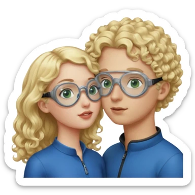 Tall curly blonde girl blue eyes pale kissing bald boy with green eyes and goggles sticker