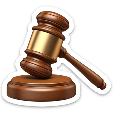 An emoji representing justice and penalty. A wooden judge's gavel striking a sound block, symbolizing a legal decision or punishment. The design is simple, 3D, and slightly glossy, resembling official court decisions sticker