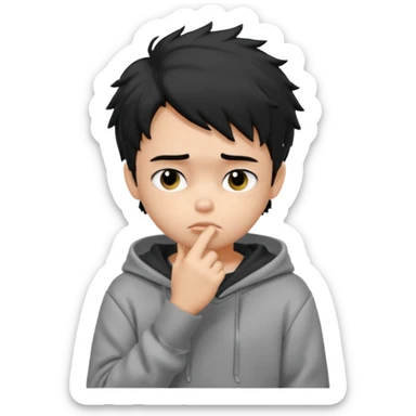 generate a pretty fair bratz boy with black messy hair looking sad with one hand on chin.  Wearing a grey hoodie sticker