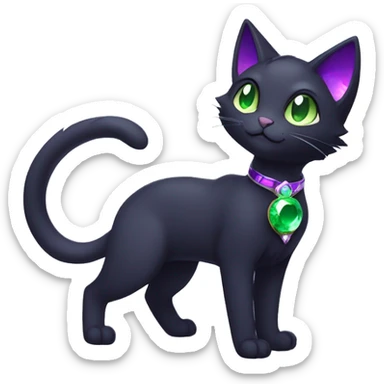 Shiny, Sparkly, Black Dark-type-Fakémon-Cat Purple eyes, green gem, full body sticker