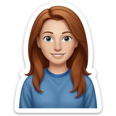 A 38 year old white woman with long brown hair parted in the middle. She has a nose ring. She has freckles and is wearing a sweatshirt and jeans smiling sticker