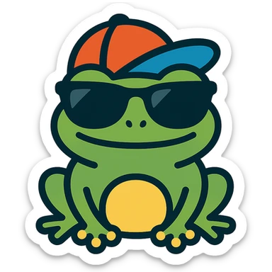 Tiny tropic frog wearing a baseball cap and sunglasses sticker