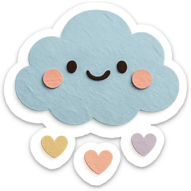 soft pastel puffy cloud holding tiny pastel hearts, no arms, no legs, full body, soft pastel kawaii paper craft style sticker