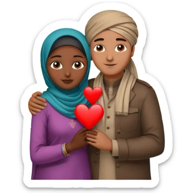 An emotional artistic illustration of an Indian man and an Afghan hijabi girl standing on the maps of India and Afghanistan, symbolically embracing each other  from in front side  despite the distance, showing love beyond borders. sticker