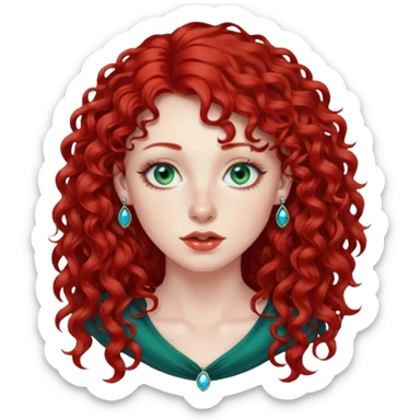 Red curly long hair with side fringe woman, pale skin, green/blue eyes, lower right lip piercing stud, nostril nose stud sticker