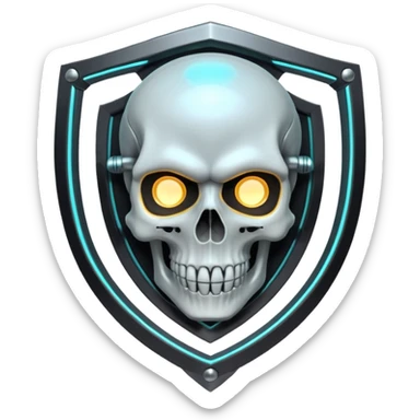 Futuristic shield badge, metallic tubes entwined, skull center, dark anime 90s style, no background sticker