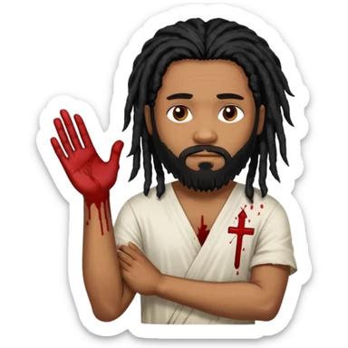 African American man with shoulder length black dreadlocks with black beard wearing a white tunic with blood on it with arms folded together sticker