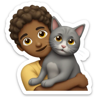 brown boy cuddling a grey cat sticker