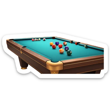 A well-arranged pool table with colorful billiard balls neatly placed, and a cue stick poised to take a shot. The setting is a dimly lit room with a focused atmosphere, highlighting the precision and strategy involved in the game of billiards. sticker