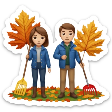 a couple man and woman both brown hair light skin racking leafs sticker