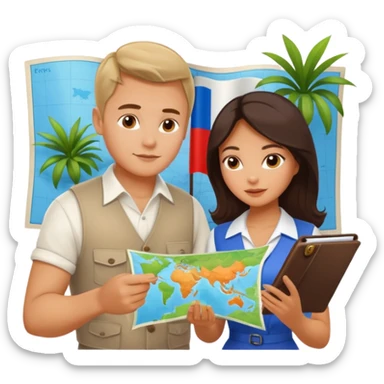 Russian man and elegant Latina girl in cute outfits with a map planning plants sticker
