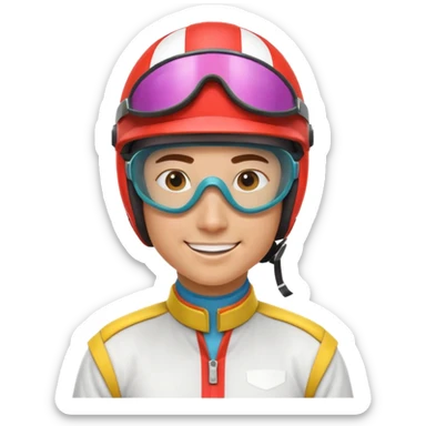 horse race jockey portrait, head and shoulders only, wearing colorful racing helmet and goggles, sporty uniform collar, confident smile, 3D cartoon, mobile game icon style, clean background, no text, no watermark
 sticker