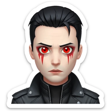 Cyberpunk man, slicked hair, silver metal jaw prosthetic, glowing red eyes, cold expression, clinical lighting sticker