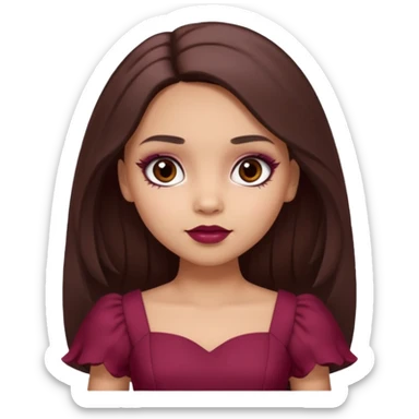 a light skin girl with long brunette hair. with dark brown eyes and slightly slanted. wear a doll like make-up with maroon dress.  sticker