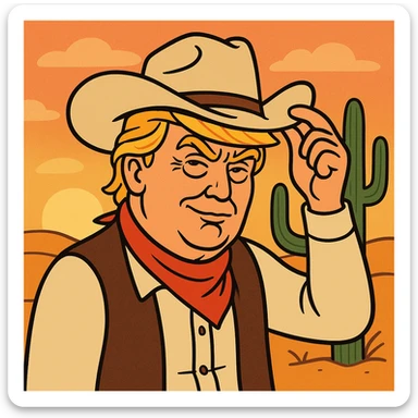 Donald Trump as a cowboy, tipping his hat, with a cactus and sunset in the background, cartoon style, bold lines sticker