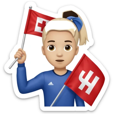 A pony tail hair boy holding a big team flag, waving it proudly with a determined expression. sticker