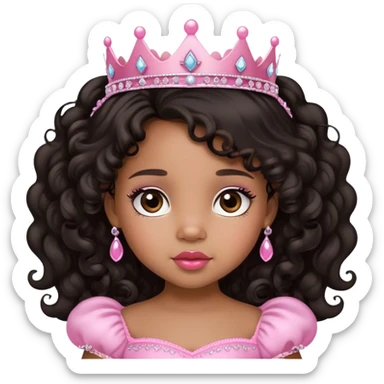 princess, medium brown skin tone, very adorable toddler, with big plump lips, long long lashes, black curly long hair, brown eyes, pink tiara sticker