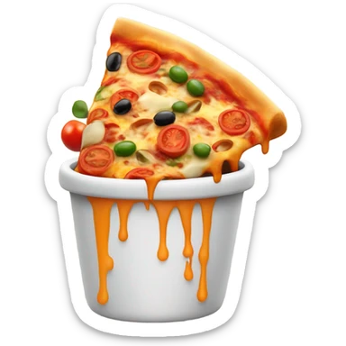 A cartoon-style Kulhad Pizza logo with a clay cup filled with gooey, cheesy pizza toppings like olives, bell peppers, and tomatoes. Cheese is melting over the edges, and light steam rises for a fresh, baked effect. Clean, modern, and playful look. sticker