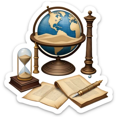 An icon featuring ancient scrolls, a quill pen, and large, old-fashioned sand clocks, symbolizing the study of history. The design includes a globe and a timeline with significant historical events, set against ruins to evoke past civilizations. Transparent background highlights the passage of time. sticker