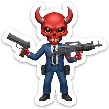 A Demon from hell that is dressed like a fbi agent with a machine gun, full body pointing the machine fun to the left. In the style of your bleeding skull artwork. Just one machine gun sticker