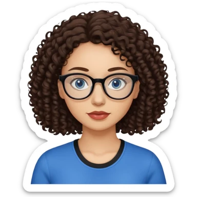 a woman, 30 years old, light skin with dark brown curly hair. eyeglasses. Black top. blue eyes. sticker