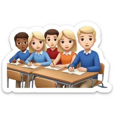 five friends sitting at desks studying in a classroom sticker