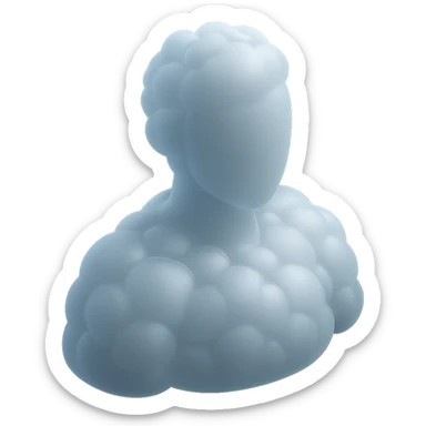 a person turned exactly, fully composed of white fluffy convex clouds up to the shoulders, matte glass style sticker