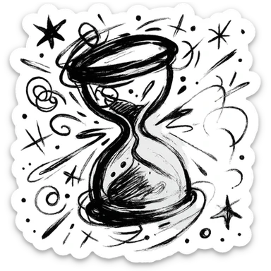 stylized hourglass in mid-turn, chaotic black outlined icon, wild expressive strokes, sense of motion sticker