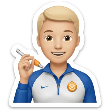 physical education teacher, smiling, holding a whistle sticker