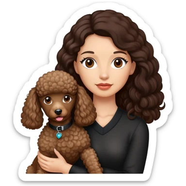 woman with long dark brown hair holding a poodle sticker