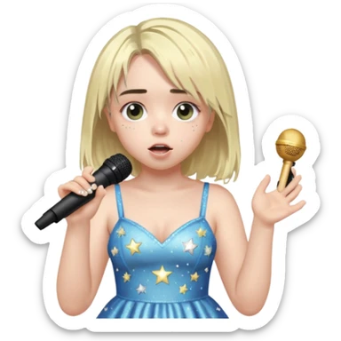 bille elish is singing, 2 hands holding mirco and twinkle dresss sticker