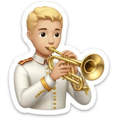 Cinematic Realistic Trumpet, polished brass with warm golden reflections, intricate valve details subtly highlighted, soft hands pressing the keys, glowing with bold and triumphant musical energy. sticker