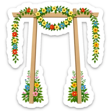 midsommarstång (Swedish maypole) decorated with green leaves and colorful flowers, standing upright with two floral wreaths hanging from the crossbar, festive and cheerful, clean modern illustration style sticker