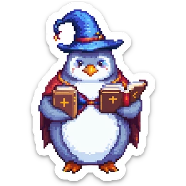 A chubby penguin wizard casting a spell, with a long beard and a mystical book, pixel art style sticker