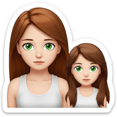 A girl with long brown hair, green eyes, and a white tank top; she doesn't have bangs. sticker